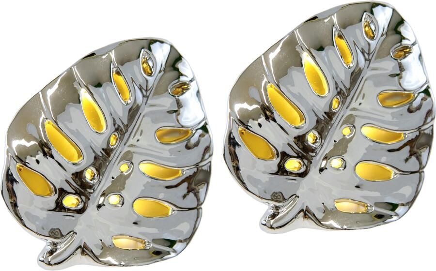 I.GE.A. Decoratief figuur LED-decoratieblad van keramiek Decoratief object beeld cadeau-idee 2-delige set zilverkleur (2 stuks)