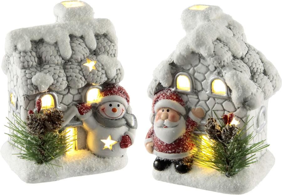 I.GE.A. Decoratief led-figuur Huis met sneeuwman Nikolaus LED-licht set van 2 huizen decor licht huis kerst kerstdecoratie adventdecoratie (2 stuks)