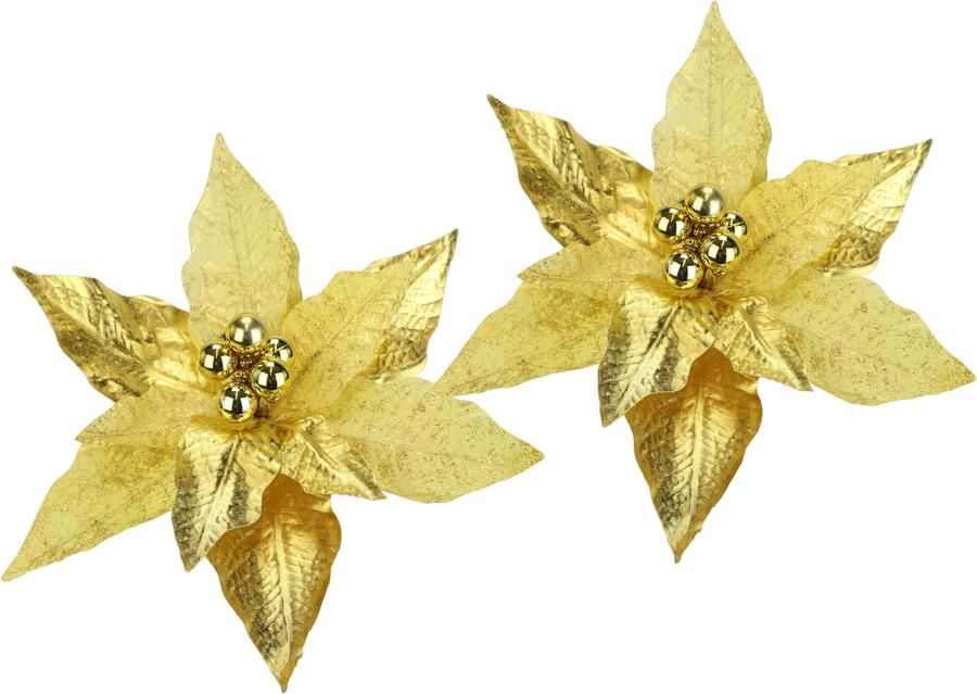 I.GE.A. Decoratieve hanger Poinsettia op clip 2-delige set 28cm kunst kerstster goudkleurige kerstbloem (2 stuks) - Foto 3