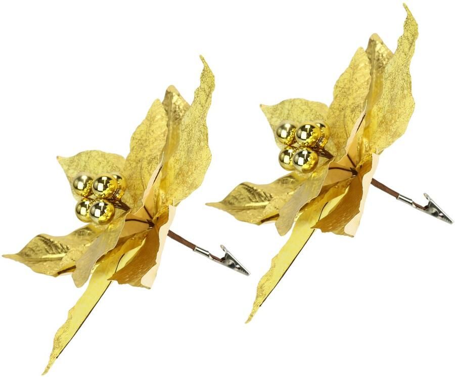 I.GE.A. Decoratieve hanger Poinsettia op clip 2-delige set 28cm kunst kerstster goudkleurige kerstbloem (2 stuks)