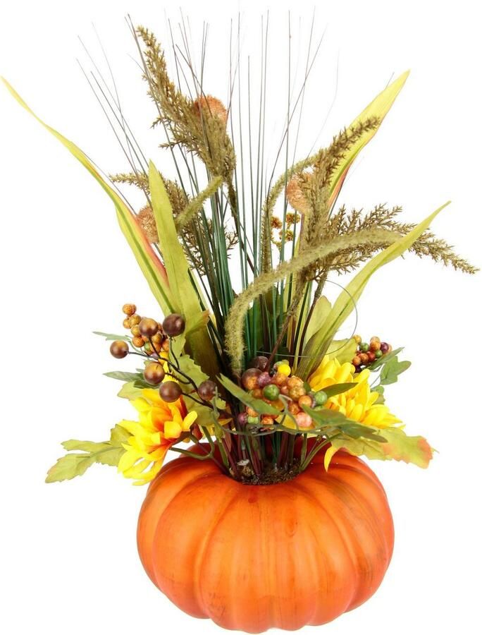 I.GE.A. Kunstbloem Arrangement van dahlia s bessen grassen in pompoen Arrangement met kunstbloemen decoratie herfstdecoratie (1 stuk)