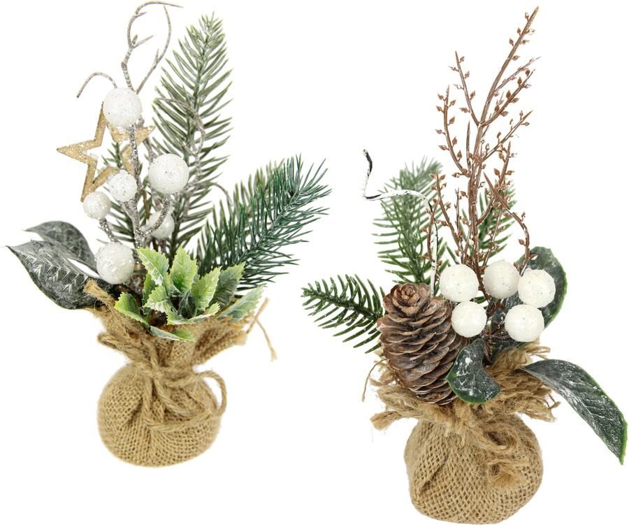 I.GE.A. Kunstkerstboom Kunstplant kerststuk in jute zak set van 2 kerstdecoratie dennen takken bessen kegels ster kunstbloemen (2 stuks) - Foto 1