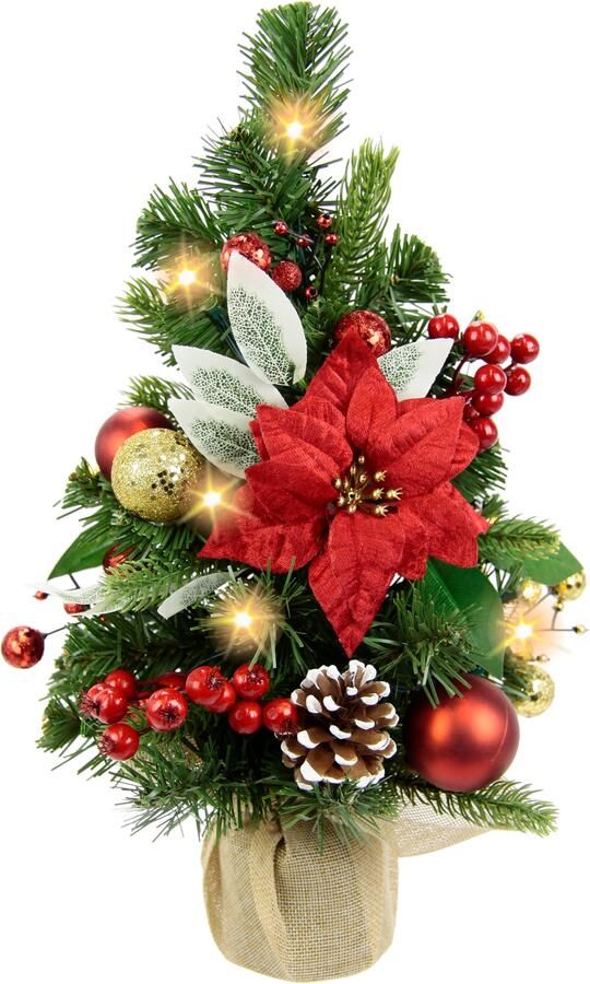 I.GE.A. Kunstkerstboom Versierde dennenboom Poinsettia met LED-licht In de pot kerstster kerstballen kegels kerstdecoratie kerstboom (1 stuk) - Foto 3