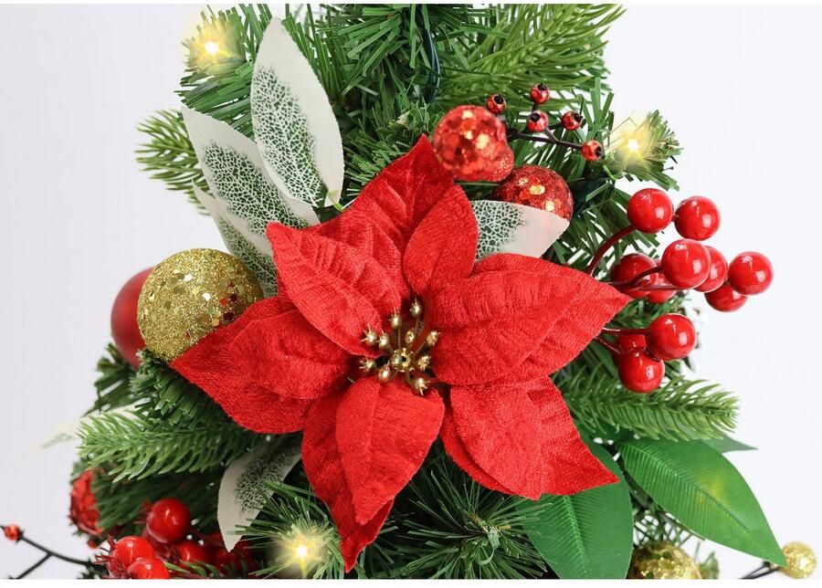 I.GE.A. Kunstkerstboom Versierde dennenboom Poinsettia met LED-licht In de pot kerstster kerstballen kegels kerstdecoratie kerstboom (1 stuk)