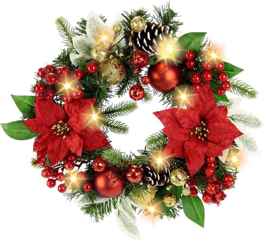 I.GE.A. Kunstkrans Adventskrans Poinsettia met LED-lampjes Bessen ballen kerstster kegels takken kerstkrans deurkrans (1 stuk) - Foto 3