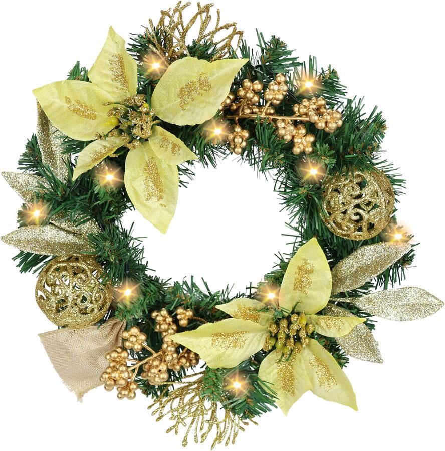 I.GE.A. Kunstkrans Gedecoreerde kerstkrans met LED-licht Met kerstster bessen dennen takken kerstballen krans adventskrans (1 stuk) - Foto 3