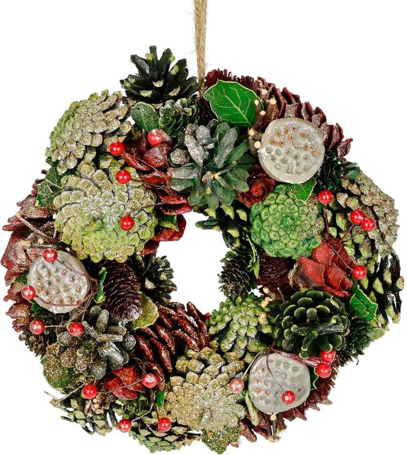 I.GE.A. Kunstkrans Natuurlijke krans met echte kegels lotus parels bessen Deurkrans tafelkrans adventdecoratie adventskrans kerstdecoratie (1 stuk) - Foto 3