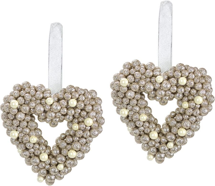 I.GE.A. Kunstkrans Parel hart om op te hangen set van 2 glanzend decoratief hart kerstdecoratie deurkrans trouwdecoratie (2 stuks) - Foto 3