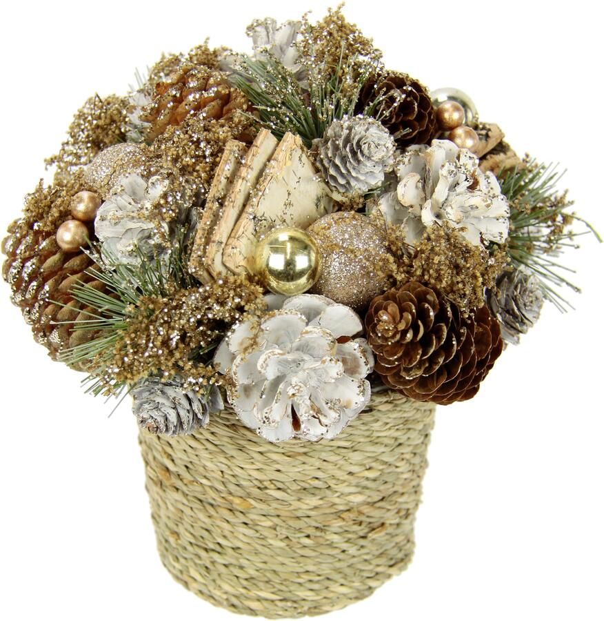 I.GE.A. Kunstplant Natuurlijk stuk kegels In de pot met kerstballen dennen arrangement kerstdecoratie tafeldecoratie (1 stuk) - Foto 3