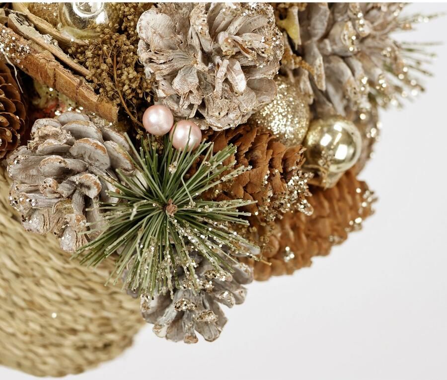 I.GE.A. Kunstplant Natuurlijk stuk kegels In de pot met kerstballen dennen arrangement kerstdecoratie tafeldecoratie (1 stuk) - Foto 2