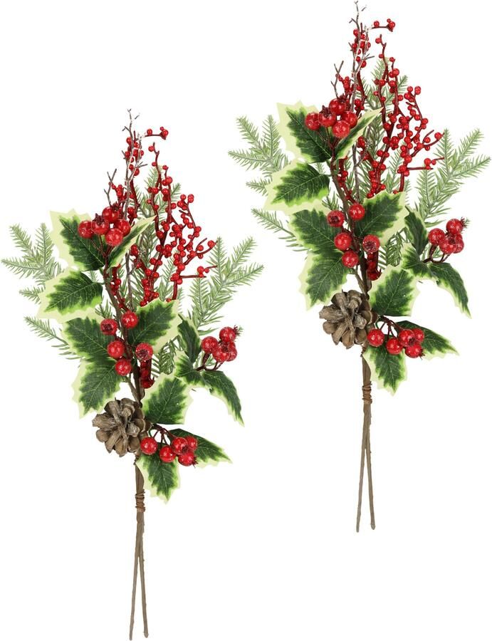 I.GE.A. Kunsttak Kunstmatige tak kegels bessen den hulst set van 2 decoratieve tak voor slinger krans kerstdecoratie (2 stuks) - Foto 3