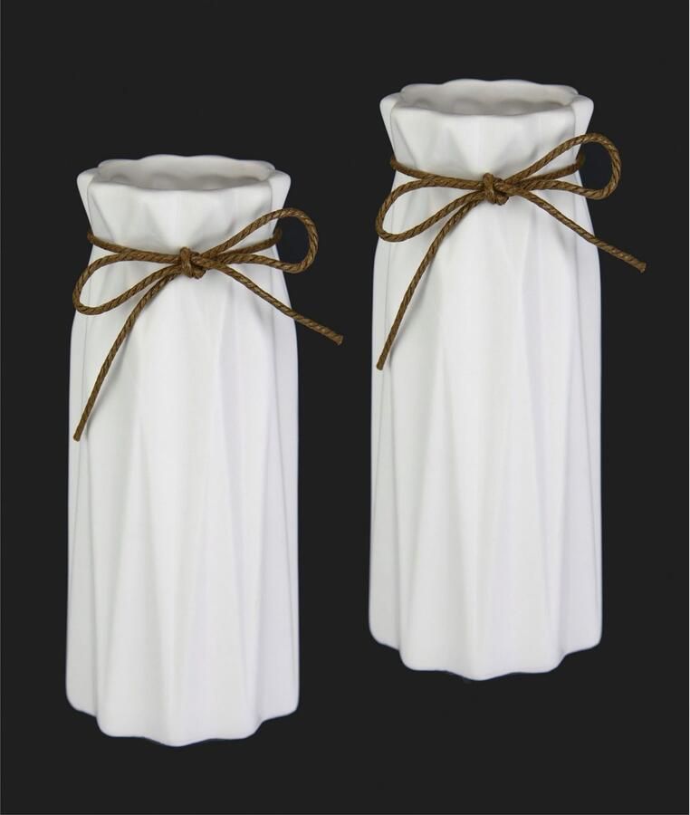 I.GE.A. Siervaas Met ribbels en strik keramiek set van 2 wit mat geribbelde vazen - Foto 2