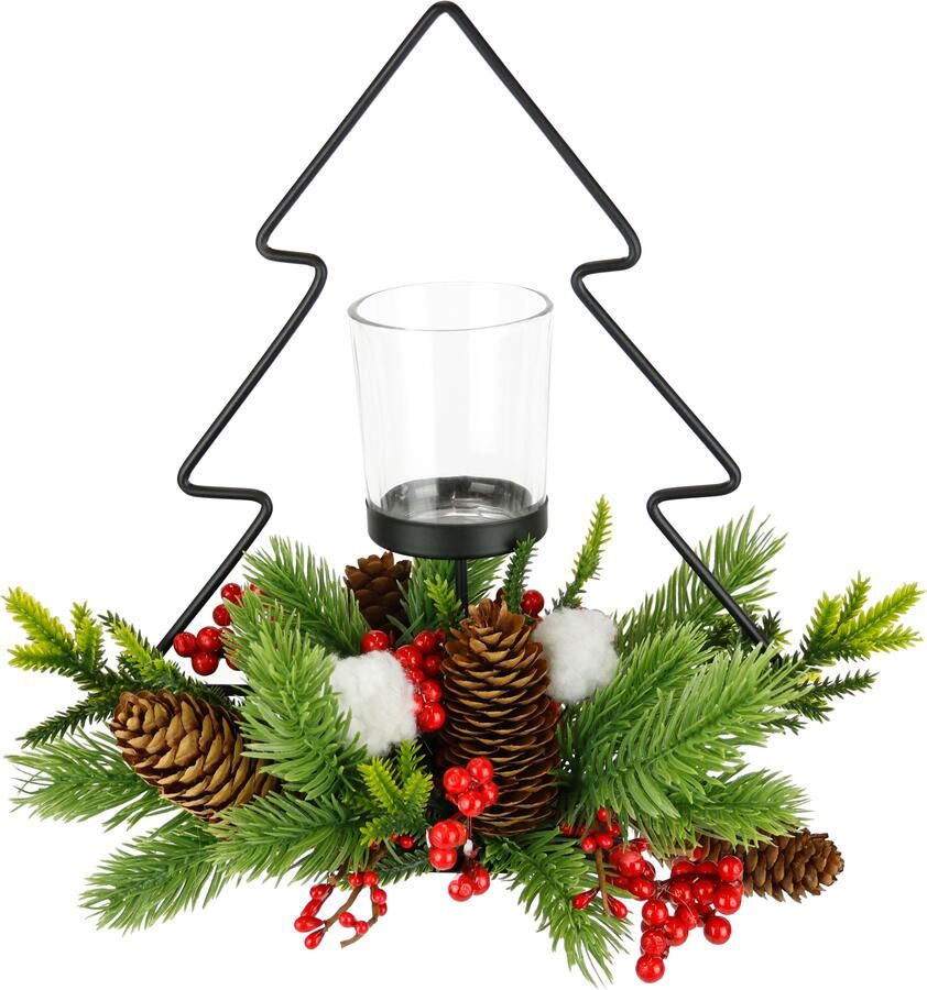 I.GE.A. Waxinelichthouder Decoratiefiguur metalen dennenboom met glazen inzet Dennetakken kegels kaarsenhouder decorlicht kerstdecoratie windlicht (1 stuk) - Foto 3