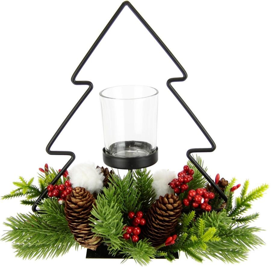 I.GE.A. Waxinelichthouder Decoratiefiguur metalen dennenboom met glazen inzet Dennetakken kegels kaarsenhouder decorlicht kerstdecoratie windlicht (1 stuk)