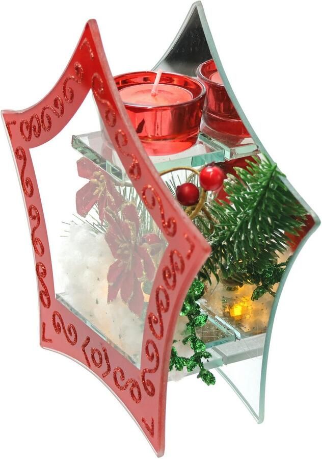 I.GE.A. Waxinelichthouder Decoratieobject met LED-licht en theelichtkaars Met kerstster bessen dennen kunstsneeuw kerstdecoratie decoratief object (1 stuk) - Foto 2