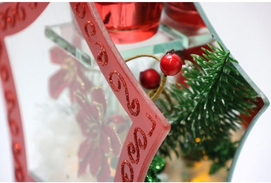 I.GE.A. Waxinelichthouder Decoratieobject met LED-licht en theelichtkaars Met kerstster bessen dennen kunstsneeuw kerstdecoratie decoratief object (1 stuk) - Foto 3