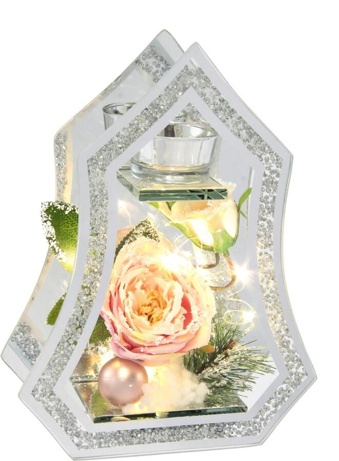 I.GE.A. Waxinelichthouder Decoratieobject met LED-licht en theelichtkaars Met roos dennen bal kunstsneeuw kerstdecoratie kaarsenhouder cadeau (1 stuk) - Foto 5