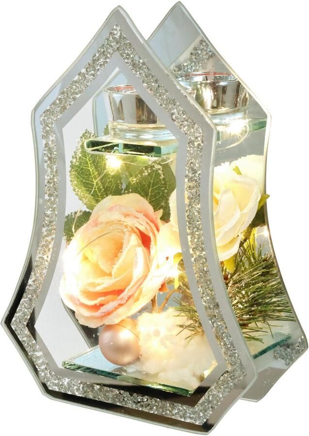 I.GE.A. Waxinelichthouder Decoratieobject met LED-licht en theelichtkaars Met roos dennen bal kunstsneeuw kerstdecoratie kaarsenhouder cadeau (1 stuk) - Foto 4