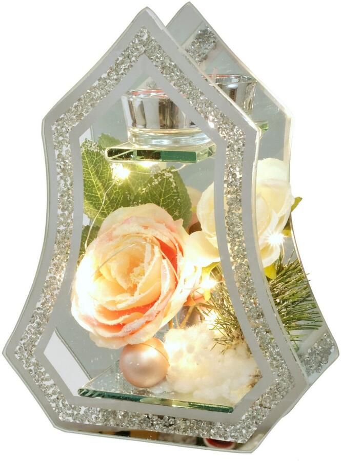 I.GE.A. Waxinelichthouder Decoratieobject met LED-licht en theelichtkaars Met roos dennen bal kunstsneeuw kerstdecoratie kaarsenhouder cadeau (1 stuk) - Foto 2