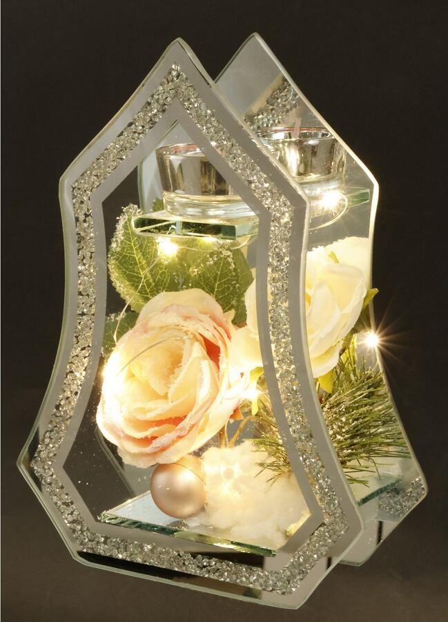 I.GE.A. Waxinelichthouder Decoratieobject met LED-licht en theelichtkaars Met roos dennen bal kunstsneeuw kerstdecoratie kaarsenhouder cadeau (1 stuk) - Foto 3