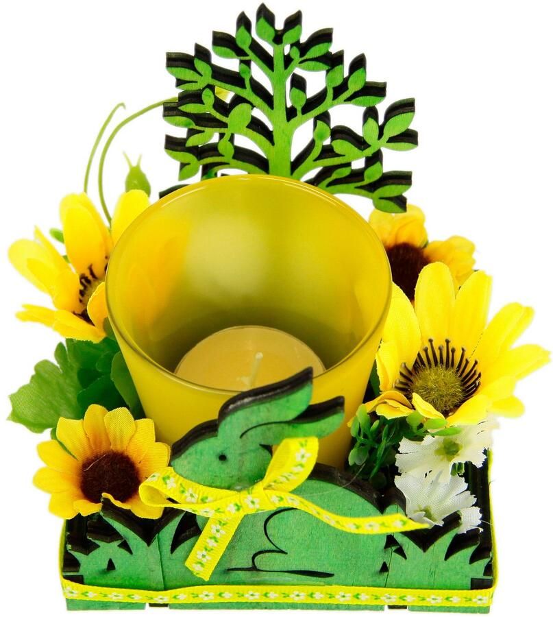 I.GE.A. Waxinelichthouder Haas 2-delig set windlicht paas konijn glas hout kaarsenhouder lentekrans 3d