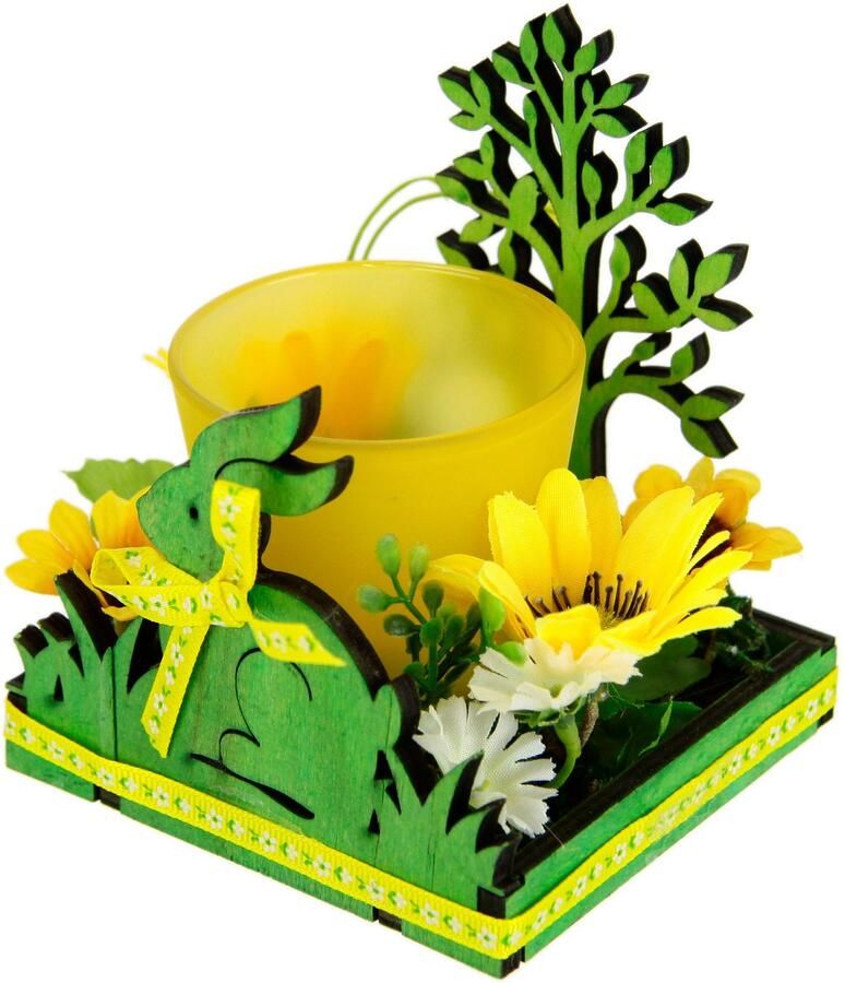 I.GE.A. Waxinelichthouder Haas 2-delig set windlicht paas konijn glas hout kaarsenhouder lentekrans 3d - Foto 2