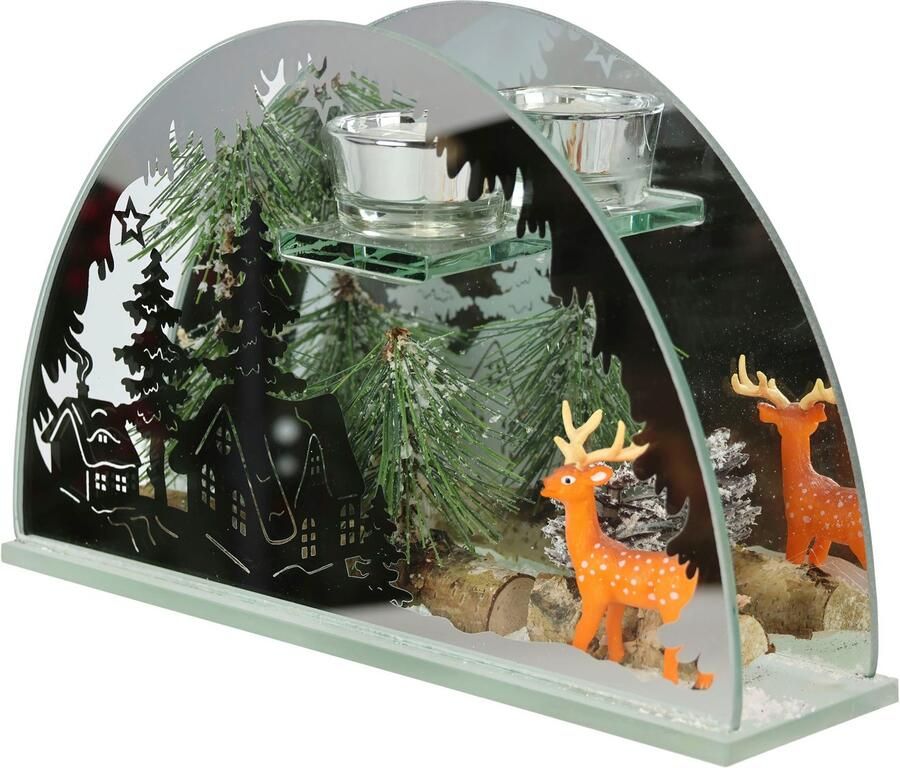 I.GE.A. Waxinelichthouder Kerstdecoratie kaarsenhouder decoratie-object van spiegelglas met hertdecoratie in winterlandschap hoogte ca. 15 cm (1 stuk) - Foto 2