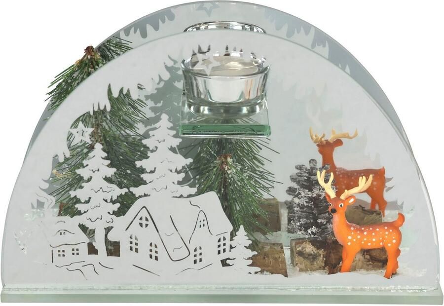 I.GE.A. Waxinelichthouder Kerstdecoratie kaarsenhouder decoratie-object van spiegelglas met hertdecoratie in winterlandschap hoogte ca. 15 cm (1 stuk) - Foto 4