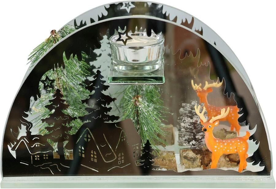 I.GE.A. Waxinelichthouder Kerstdecoratie kaarsenhouder decoratie-object van spiegelglas met hertdecoratie in winterlandschap hoogte ca. 15 cm (1 stuk) - Foto 4