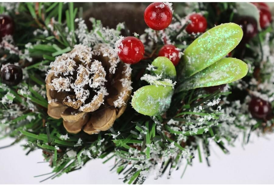 I.GE.A. Waxinelichthouder Kerstdecoratie kaarsenhouder met kegels bessen en mistletoe besneeuwd incl. glazen inzet ø 15 cm (set 2 stuks) - Foto 3