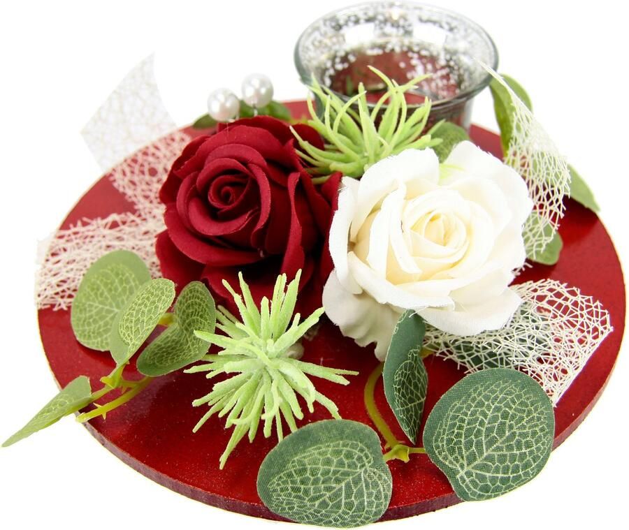 I.GE.A. Waxinelichthouder Met glazen inzet en theelichtkaars kunstmatige rozen eucalyptus Kaarsenstandaard kaarsenhouder tafeldecoratie kaarsen moederdag valentijnsdag (1 stuk) - Foto 2