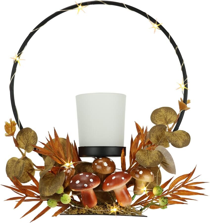 I.GE.A. Waxinelichthouder Theelichthouder met metalen boog LED-licht Herfstachtig versierd met herfstbladeren eucalyptus theelichtglas (1 stuk) - Foto 2