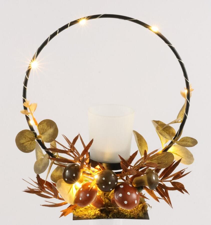 I.GE.A. Waxinelichthouder Theelichthouder met metalen boog LED-licht Herfstachtig versierd met herfstbladeren eucalyptus theelichtglas (1 stuk)