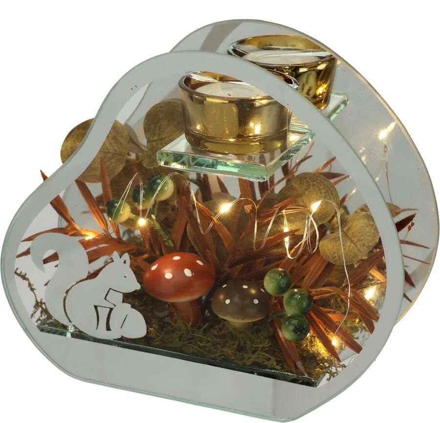 I.GE.A. Waxinelichthouder Theelichthouder van glas met theelichtkaars Herfstachtig versierd met paddenstoelen eekhoorn herfstbladeren kaars windlicht (1 stuk)