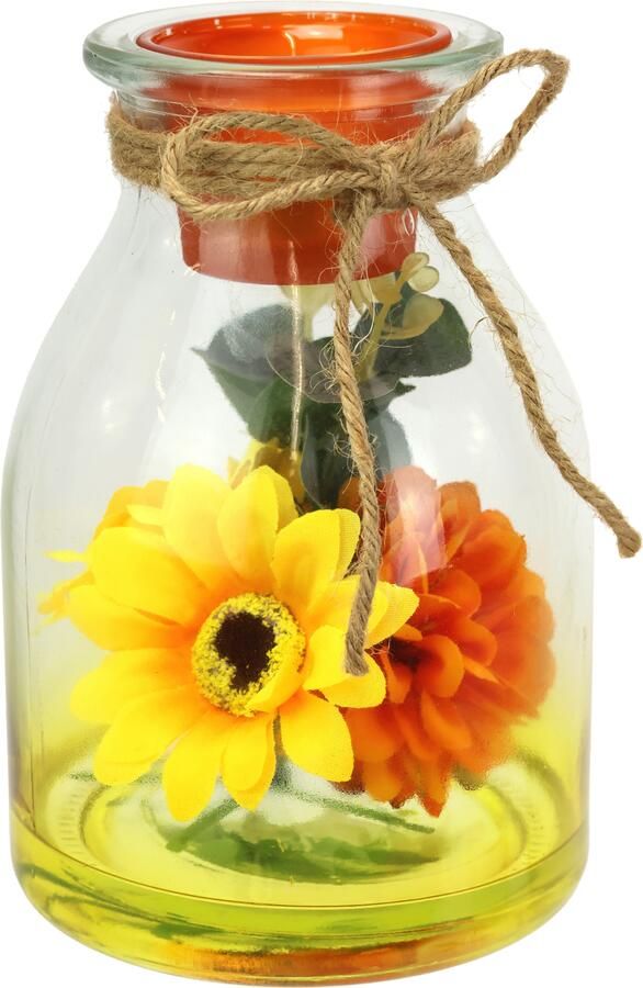 I.GE.A. Waxinelichthouder Theelichthouder van glas met theelichtkaars Herfstachtig versierd met zonnebloem dahlia eucalyptus kaars windlicht (1 stuk) - Foto 3