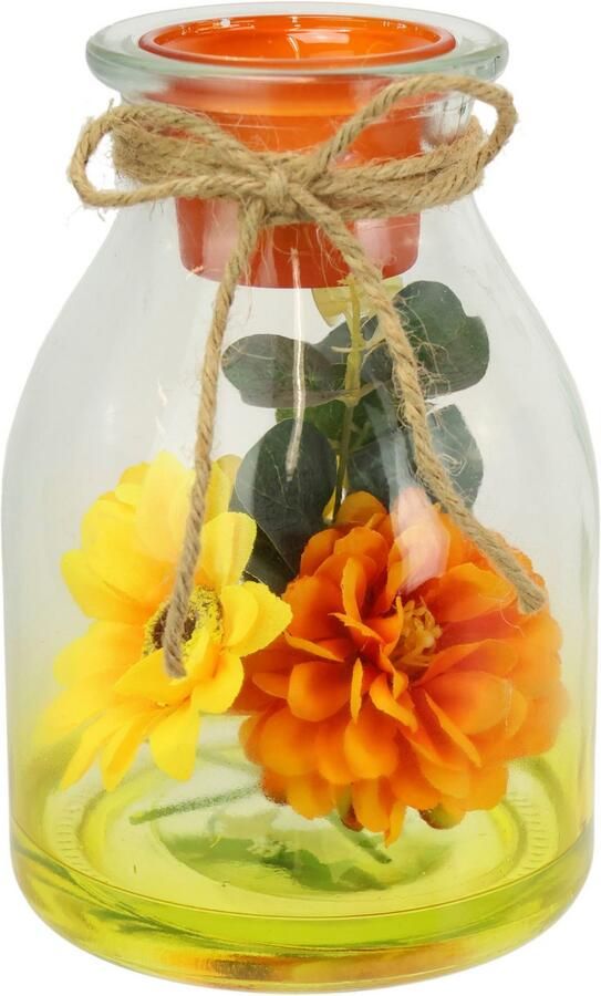 I.GE.A. Waxinelichthouder Theelichthouder van glas met theelichtkaars Herfstachtig versierd met zonnebloem dahlia eucalyptus kaars windlicht (1 stuk) - Foto 2