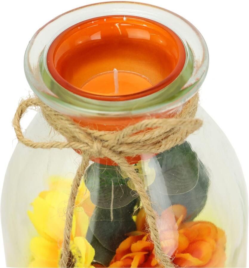 I.GE.A. Waxinelichthouder Theelichthouder van glas met theelichtkaars Herfstachtig versierd met zonnebloem dahlia eucalyptus kaars windlicht (1 stuk)