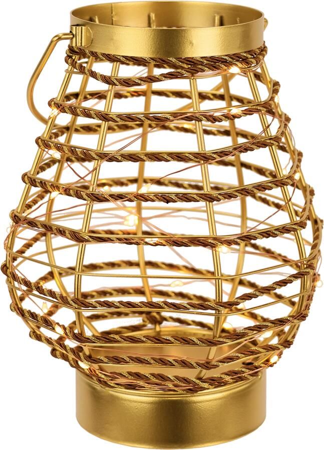 I.GE.A. Windlicht LED-lantaarn van metaal met koord Windlicht kaarsenlantaarn goudkleur tafeldecoratie lichtsnoer - Foto 2