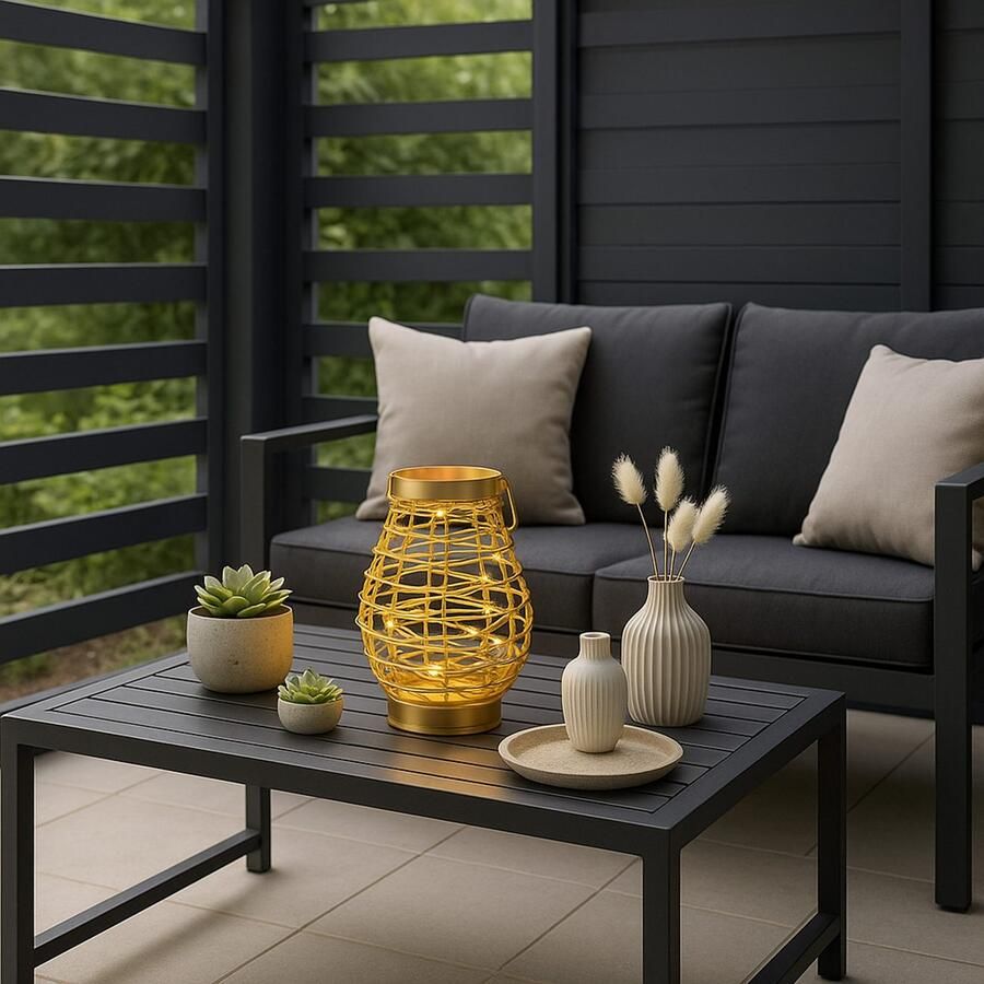 I.GE.A. Windlicht LED-lantaarn van metaal met koord Windlicht kaarsenlantaarn goudkleur tafeldecoratie lichtsnoer - Foto 3
