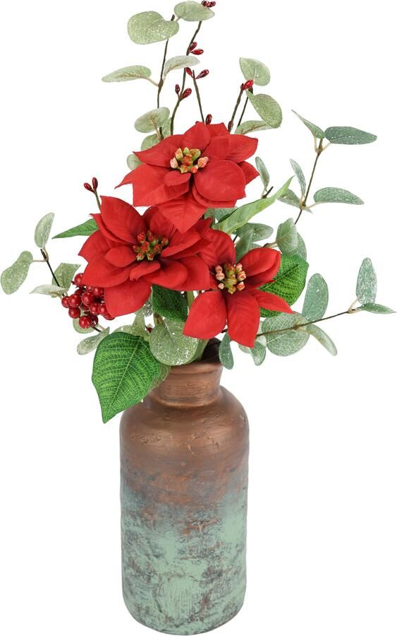 I.GE.A. Winterse kunstplant Arrangement met poinsettia in keramische vaas met eucalyptus takken - Foto 1