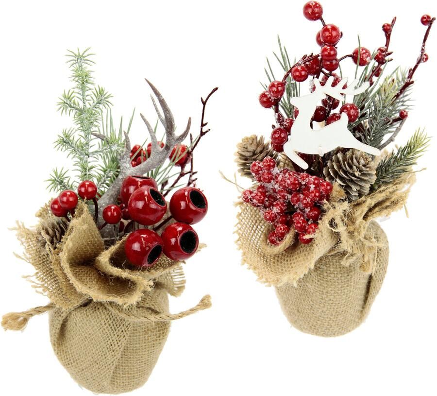 I.GE.A. Winterse kunstplant Kerstarrangement in jute kerstdecoratie in 2-pack(set 2 stuks)