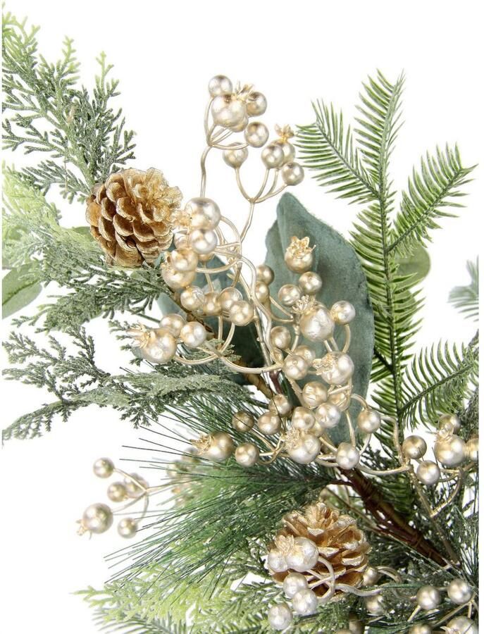 I.GE.A. Winterse kunstplant Kerstarrangement in pot van jute kerstdecoratie met bessen eucalyptus takken coniferen en kegels (1 stuk)