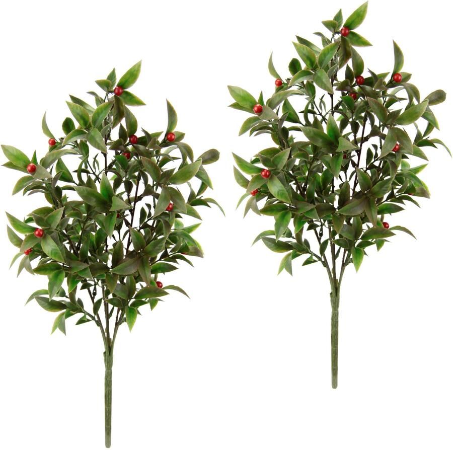 I.GE.A. Winterse kunstplant Kunstmatige laurierstruik met bessen Kerstdecoratie van kunststof 2-delige set groen rood (set) - Foto 2