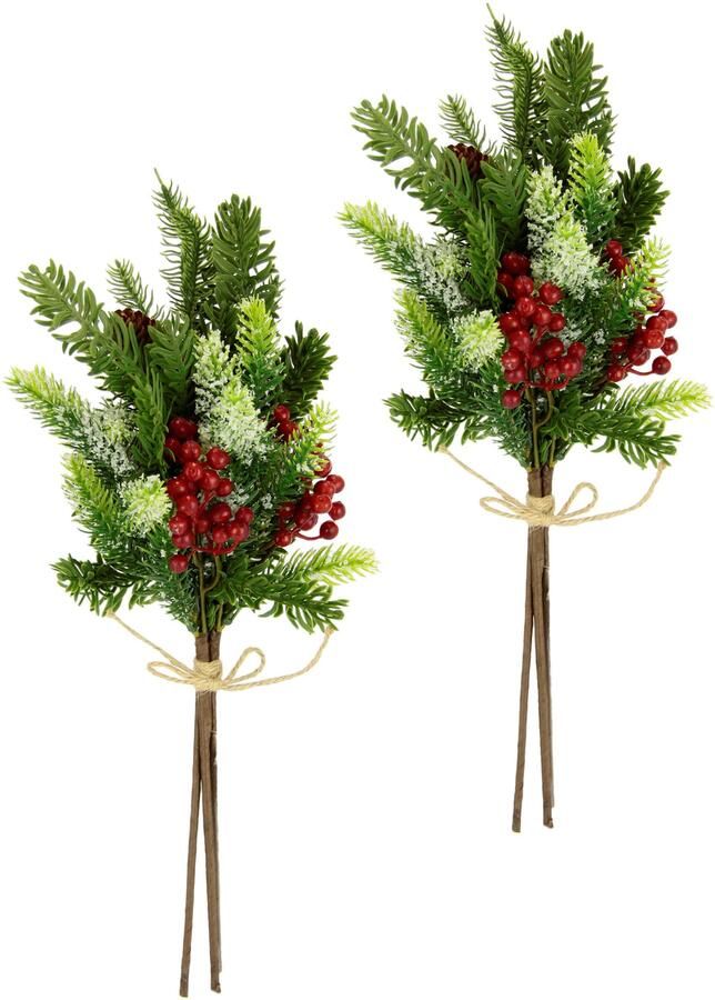 I.GE.A. Winterse kunstplant Kunsttak decoratieve tak van kunststof kerstdecoratie met echte kegels bessen en strik bevroren 2-delige set groen rood (set 2 stuks)