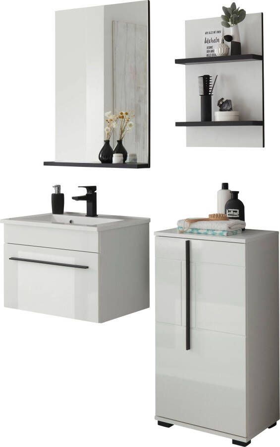 INOSIGN Badkamerserie Cantara badkamer in modern ontwerp 4-delig badkamer Waschtafel kast hangplank en spiegel in wit hoogglans (set 4-delig) - Foto 5