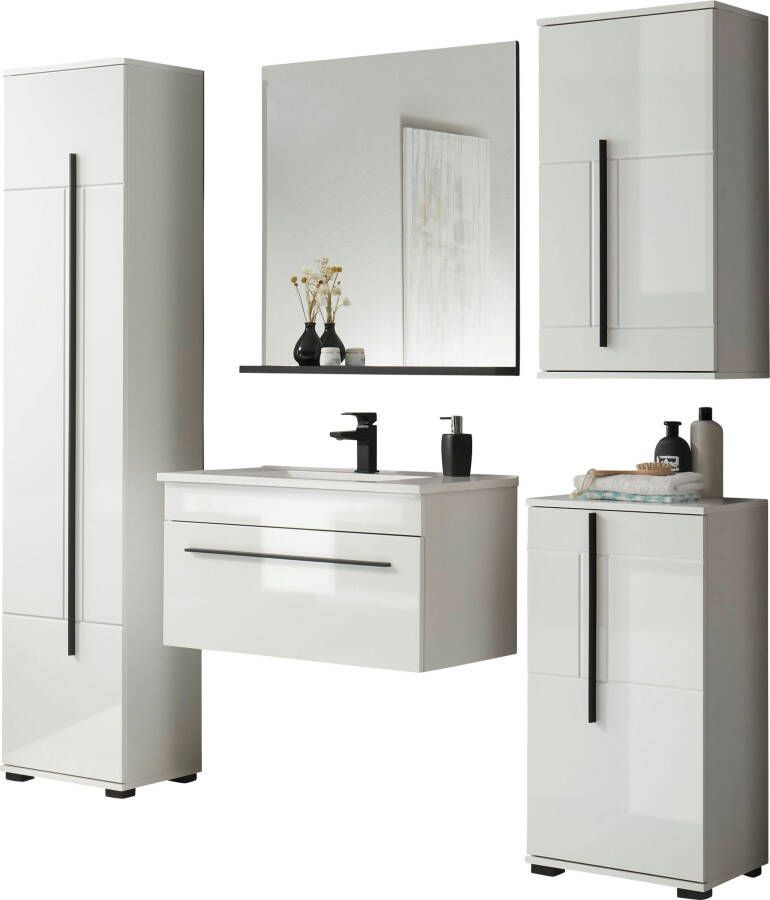 INOSIGN Badkamerserie Cantara badkamer in modern ontwerp 5-delig badkamer Wastafel kasten hangkast en spiegel in wit hoogglans (set 5-delig) - Foto 5
