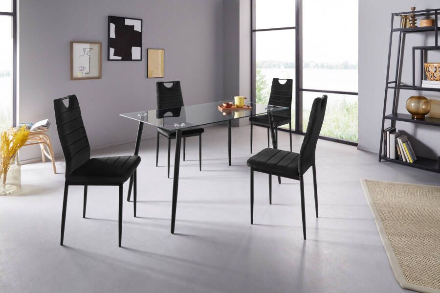 INOSIGN Eethoek Glazen tafel breedte 140 cm en 4 eetkamerstoelen bekleding van fluweel (set 5-delig)