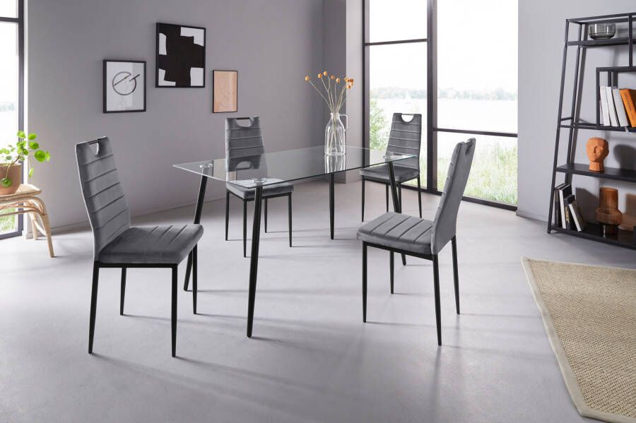 INOSIGN Eethoek Glazen tafel breedte 140 cm en 4 eetkamerstoelen bekleding van fluweel (set 5-delig) - Foto 2