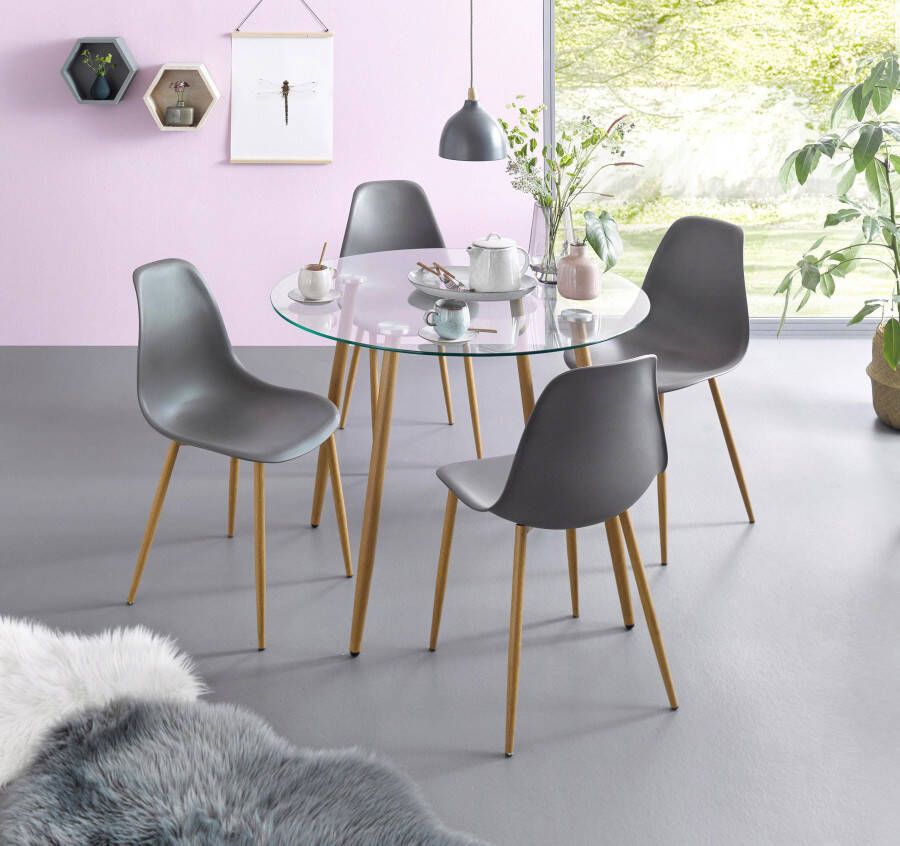 INOSIGN Eethoek MILLER Glazen tafel met 4 stoelen (kunststof kuipzitting) (set 5-delig) - Foto 1