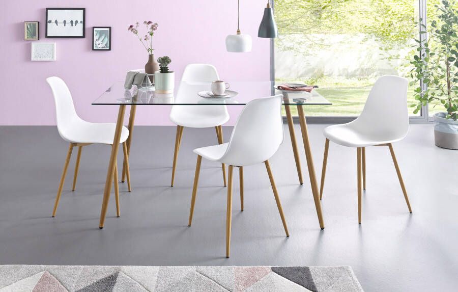 INOSIGN Eethoek MILLER Hoekige glazen tafel met 4 stoelen (kunststof kuipzitting) (set 5-delig)